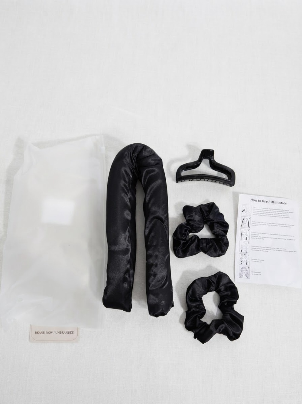 Brand New Black Satin Heatless Hair Curler Kit with Claw Clip & Scrunchies